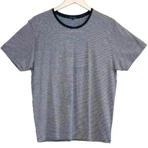 🌈 6/$60, Patrick Assaraf Navy Blue, Grey, Crew Neck T-Shirt, Stripes, Size XL